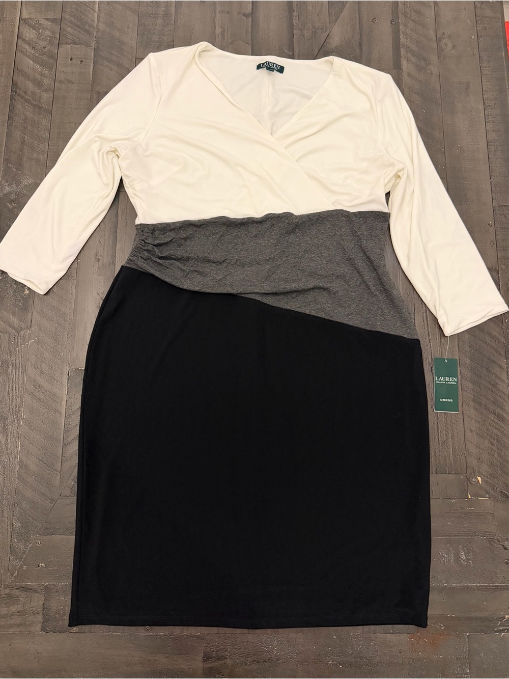 Lauren Ralph Lauren White, Gray & Black Diagonal Colorblock Midi Dress